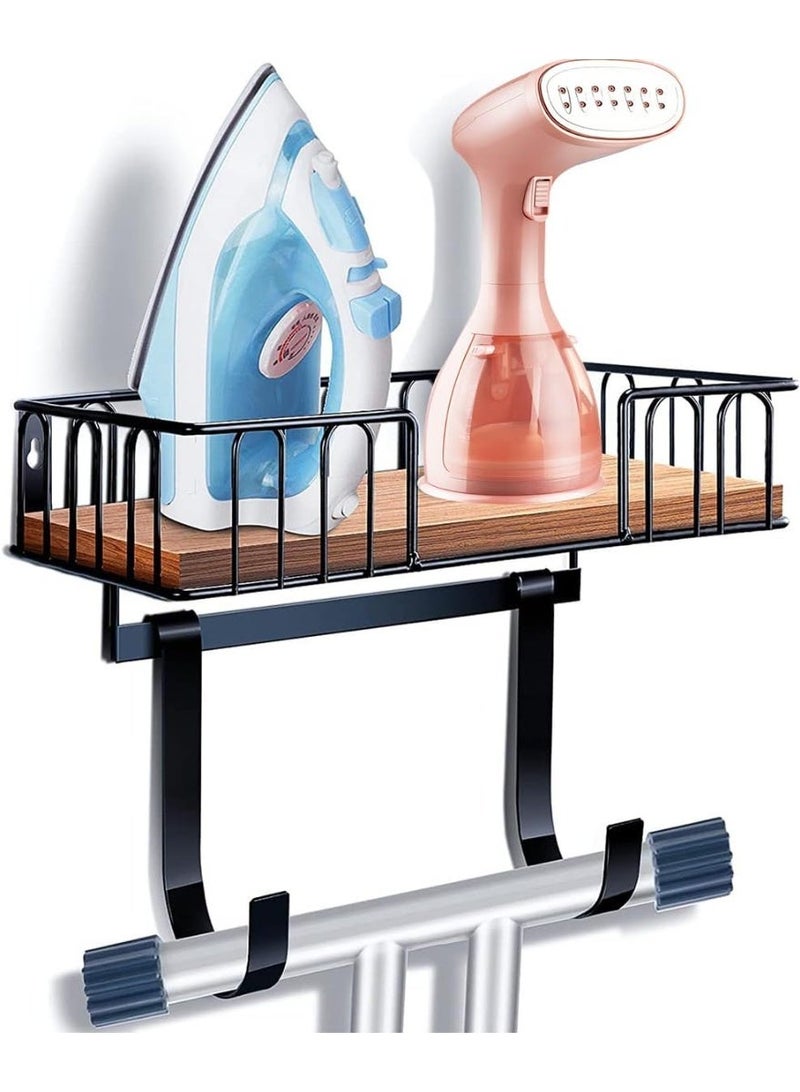 Maanys Ironing Board Hanger Wall Mount, Heavy Duty Metal Iron Holder with Wooden Shelf Basket, Adjustable Removable Hooks for T-Leg Ironing Board, Laundry Room Storage Organizer Rack - Image 1