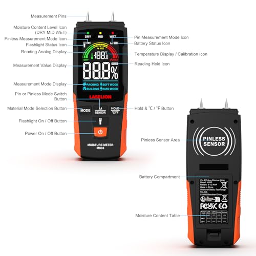 LASELION 2-in-1 Pin & Pinless Moisture Meter MS03 – Accurate Moisture Detection for Wood, Concrete, Drywall, and More – LCD Display with Hold Function, Flashlight, and Auto Power Off - Image 3