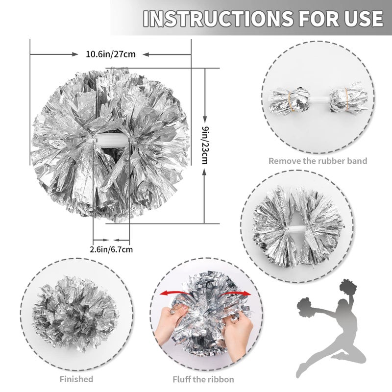 CREATIEE-PRO 4Pcs Metallic Cheerleading Pom Poms Creatiee 2 Pair Cheerleader Cheering Squad Pompoms For School Sports Dance Games Team Spirit Cheer (Silver) - Image 2