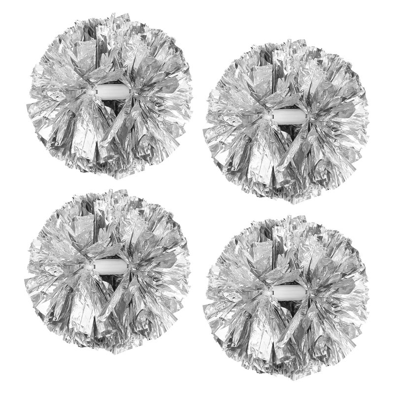 CREATIEE-PRO 4Pcs Metallic Cheerleading Pom Poms Creatiee 2 Pair Cheerleader Cheering Squad Pompoms For School Sports Dance Games Team Spirit Cheer (Silver) - Image 1
