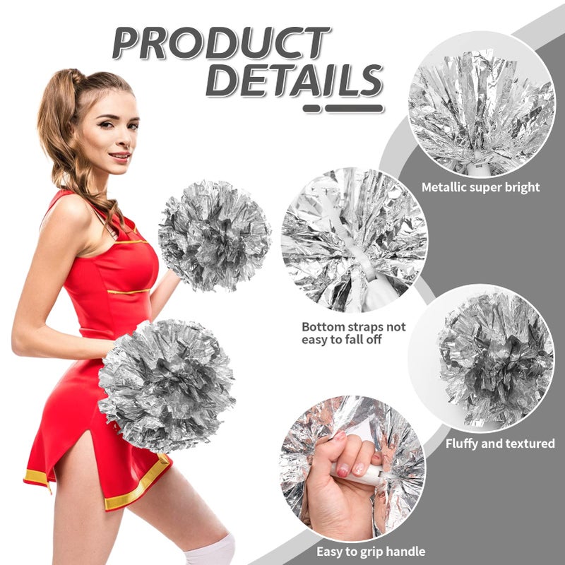 CREATIEE-PRO 4Pcs Metallic Cheerleading Pom Poms Creatiee 2 Pair Cheerleader Cheering Squad Pompoms For School Sports Dance Games Team Spirit Cheer (Silver) - Image 3