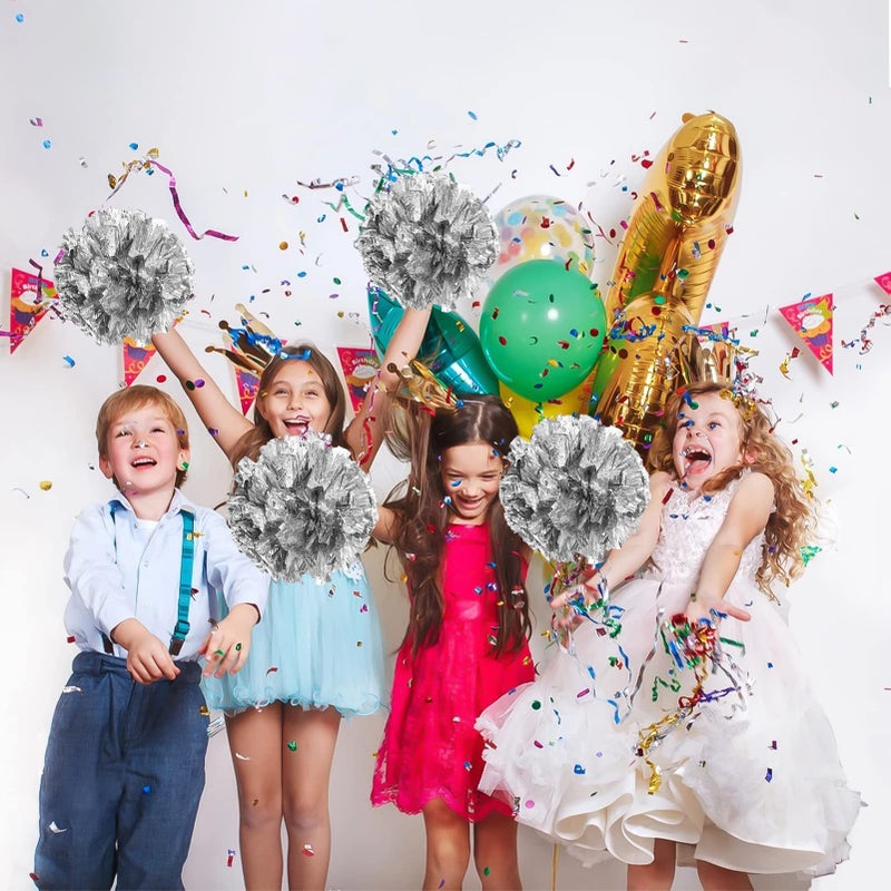 CREATIEE-PRO 4Pcs Metallic Cheerleading Pom Poms Creatiee 2 Pair Cheerleader Cheering Squad Pompoms For School Sports Dance Games Team Spirit Cheer (Silver) - Image 4