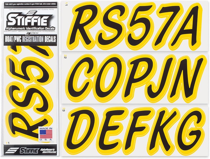 Stiffie ملصقات تعريفية رقمية وحرفية صلبة من Whipline بلون Black/Yellow مقاس 3 بوصات للقوارب والمركبات المائية الشخصية - Image 1