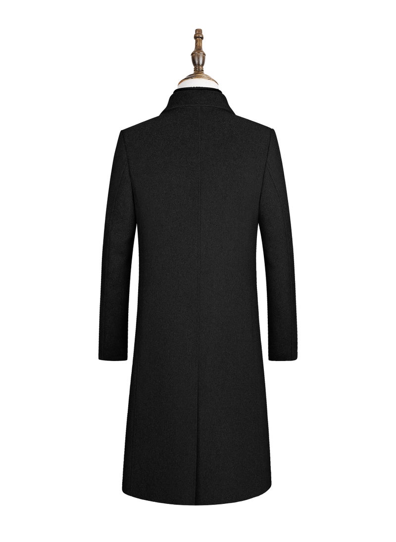 Loquat - Men Stand Collar Winter Solid Colour Trench Coat Outwear Overcoat Long Sleeve Jacket Black - Image 1