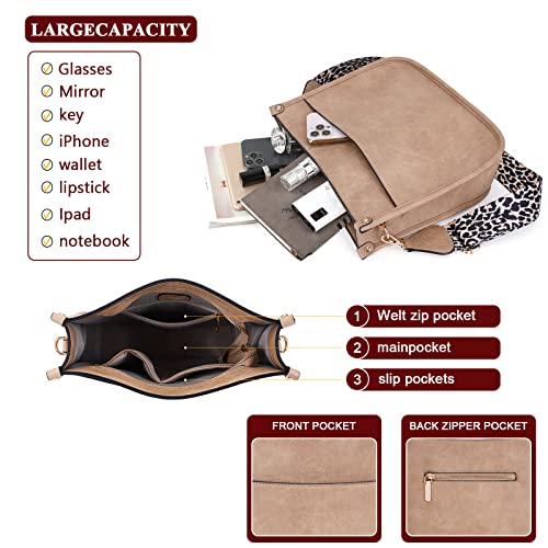 HKCLUF Crossbody Bag Purse for Women 2PCS Leather Hobo Handbag Purse and Wallet Set Crossbody Bucket Bag With 2PCS Adjustable Leopard Strap(Khaki) - Image 3