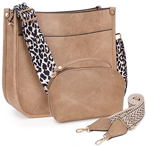 HKCLUF Crossbody Bag Purse for Women 2PCS Leather Hobo Handbag Purse and Wallet Set Crossbody Bucket Bag With 2PCS Adjustable Leopard Strap(Khaki) - Image 1