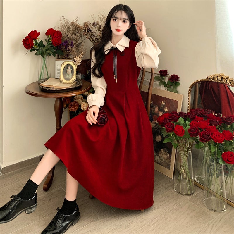 فستان نسائي مزيف من قطيفة بحجم زائد مع ياقة دمية، قطعتين، جديد خريف وشتاء 2023، فستان ضيق الخصر بأسلوب هبورن للفتيات البدينات - Image 3