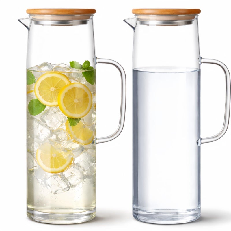 Hsei 2 Sets Glass Pitcher with Lid, 50 oz / 1500 ml Water Carafe with Handles Hot Cold Beverage Water Jar Glass Jug for Tea Juice Milk Coffee Iced Beverage - Image 1