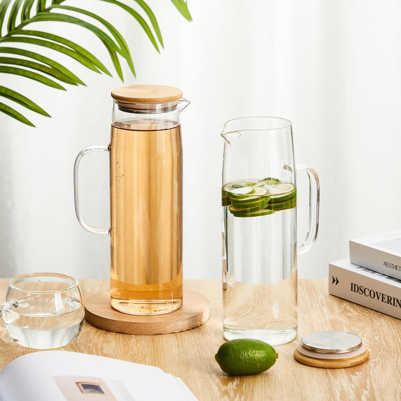 Hsei 2 Sets Glass Pitcher with Lid, 50 oz / 1500 ml Water Carafe with Handles Hot Cold Beverage Water Jar Glass Jug for Tea Juice Milk Coffee Iced Beverage - Image 3