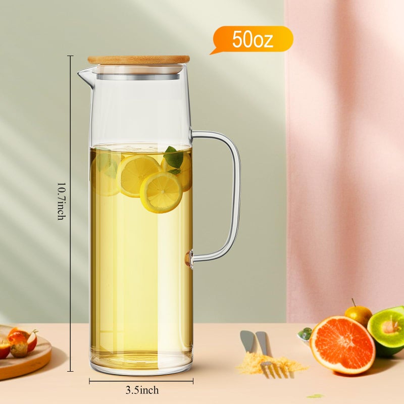 Hsei 2 Sets Glass Pitcher with Lid, 50 oz / 1500 ml Water Carafe with Handles Hot Cold Beverage Water Jar Glass Jug for Tea Juice Milk Coffee Iced Beverage - Image 2