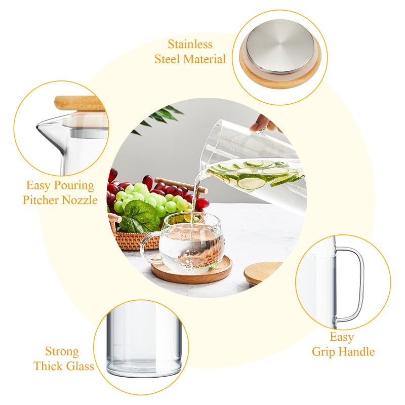 Hsei 2 Sets Glass Pitcher with Lid, 50 oz / 1500 ml Water Carafe with Handles Hot Cold Beverage Water Jar Glass Jug for Tea Juice Milk Coffee Iced Beverage - Image 4
