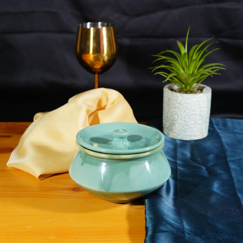 Caffeine Ceramic Handmade Green Crackle Serving Handi with Lid, Set of 1, Small - Image 2