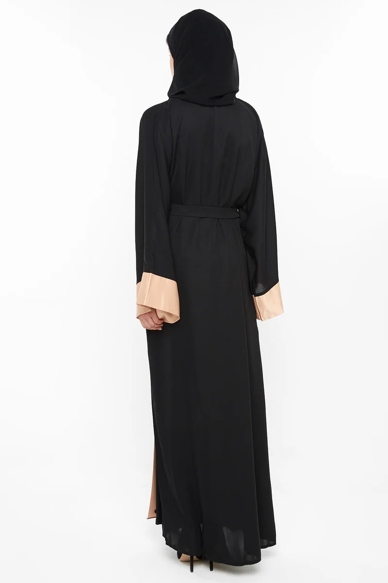 Nukhbaa  A gorgeous wrap style abaya with golden satin stripe by the closing and sleeves-Aj384A for Women | Best Price UAE
