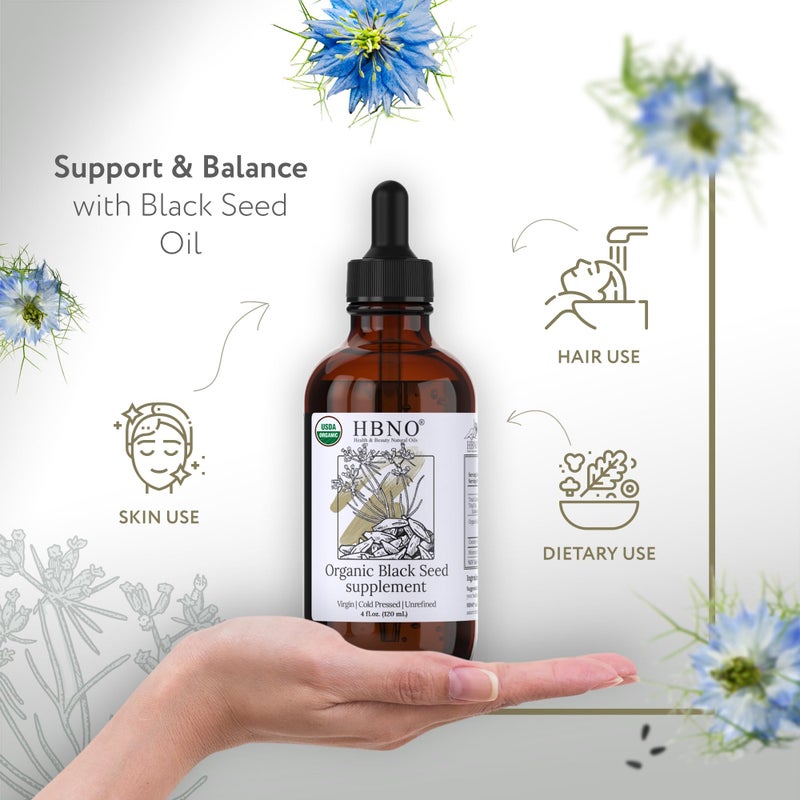 HBNO Organic Black Seed Oil 4 fl oz (120ml) - USDA Certified Organic Black Seed Oil Organic Cold Pressed - Natural Black Cumin Seed Oil Organic - Image 2