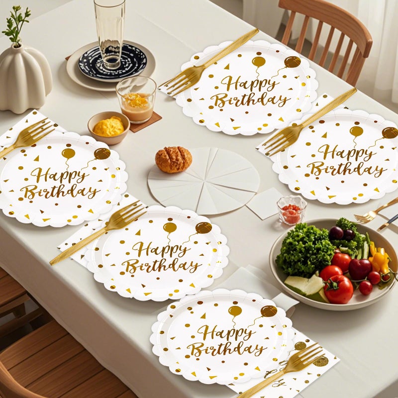 73Hours 48PCS Happy Birthday PlatesNapkins Set-Disposable White and Gold Birthday Scalloped Dessert Plates 6.5IN Napkins Gold Forks Tableware Party Supplies for Birthday Wedding Valentine Party Decor Serve16 - Image 4