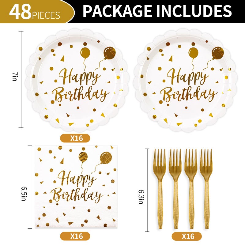 73Hours 48PCS Happy Birthday PlatesNapkins Set-Disposable White and Gold Birthday Scalloped Dessert Plates 6.5IN Napkins Gold Forks Tableware Party Supplies for Birthday Wedding Valentine Party Decor Serve16 - Image 2