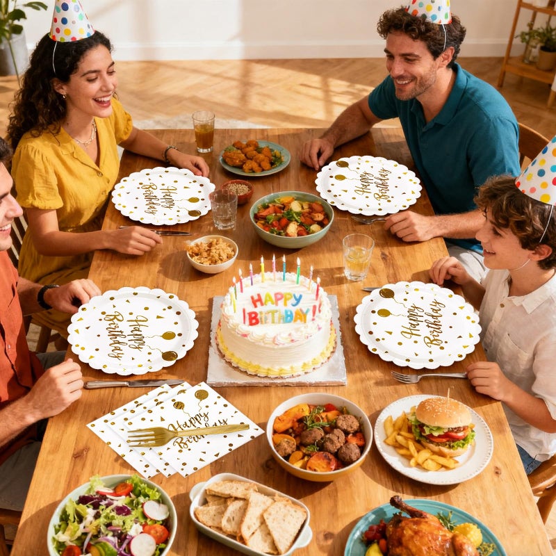 73Hours 48PCS Happy Birthday PlatesNapkins Set-Disposable White and Gold Birthday Scalloped Dessert Plates 6.5IN Napkins Gold Forks Tableware Party Supplies for Birthday Wedding Valentine Party Decor Serve16 - Image 5