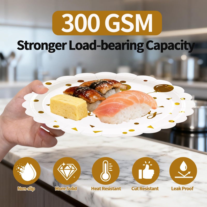 73Hours 48PCS Happy Birthday PlatesNapkins Set-Disposable White and Gold Birthday Scalloped Dessert Plates 6.5IN Napkins Gold Forks Tableware Party Supplies for Birthday Wedding Valentine Party Decor Serve16 - Image 3