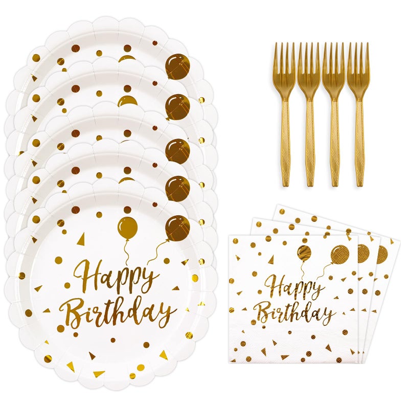 73Hours 48PCS Happy Birthday PlatesNapkins Set-Disposable White and Gold Birthday Scalloped Dessert Plates 6.5IN Napkins Gold Forks Tableware Party Supplies for Birthday Wedding Valentine Party Decor Serve16 - Image 1