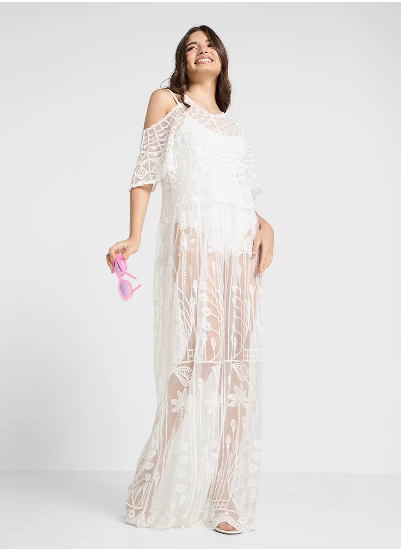 جينجر Sheer Embroidered Kaftan Style Beach Dress