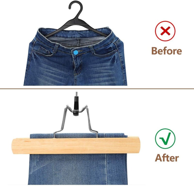 ROLLYWARE ® Wooden Pants Hangers Clamp Hangers with Felt Lining Non-Slip Space Saving Wood Skirt 360 Swivel Hook Durable Sturdy Jean Hanger (1, Natural Wood) - Image 2