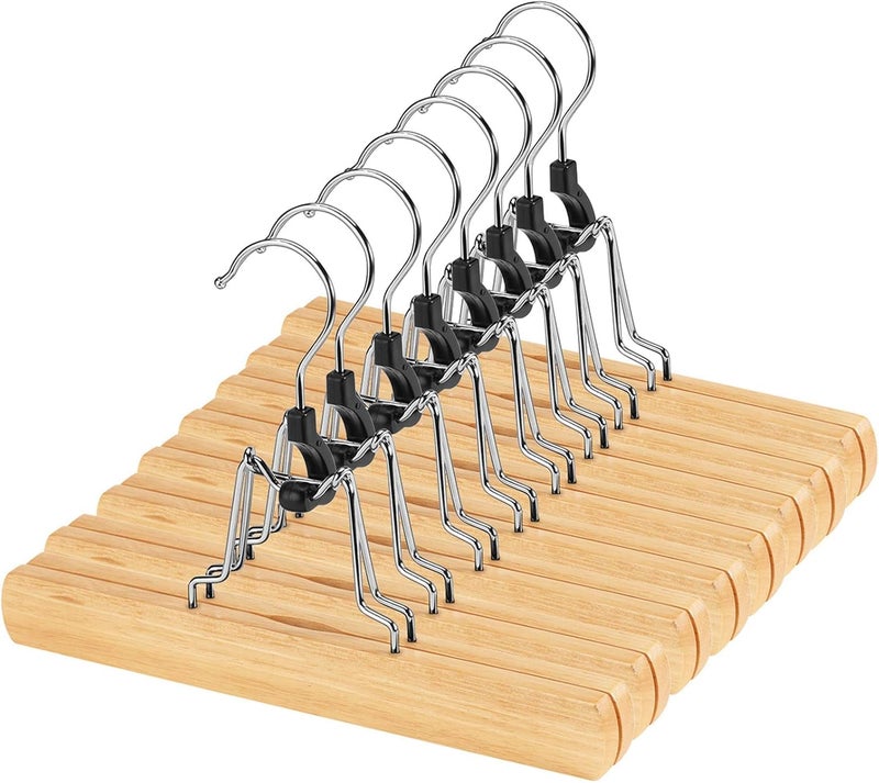 ROLLYWARE ® Wooden Pants Hangers Clamp Hangers with Felt Lining Non-Slip Space Saving Wood Skirt 360 Swivel Hook Durable Sturdy Jean Hanger (1, Natural Wood) - Image 1