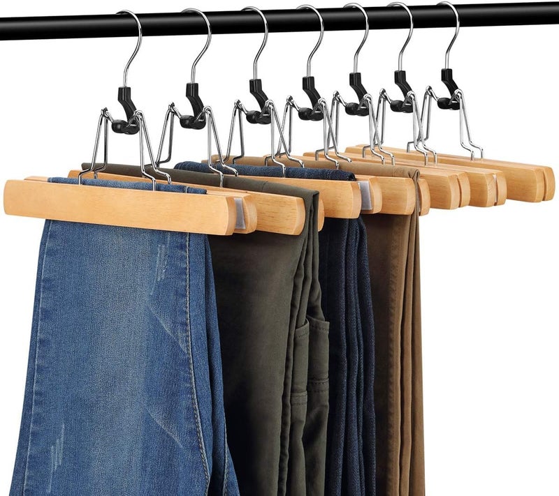 ROLLYWARE ® Wooden Pants Hangers Clamp Hangers with Felt Lining Non-Slip Space Saving Wood Skirt 360 Swivel Hook Durable Sturdy Jean Hanger (1, Natural Wood) - Image 4