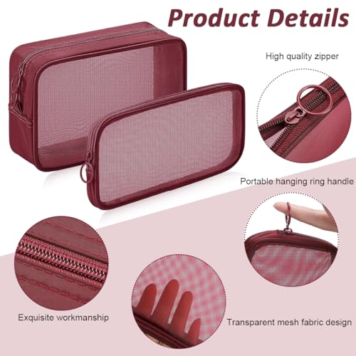 MAYCREATE® 4Pcs Zipper Pouches Combo 4 Sizes Mesh Zipper Pouches Makeup Stylish Burgundy Red Cosmetic Bags Cash Bags Nylon Mesh Accessories Organizer - Image 3