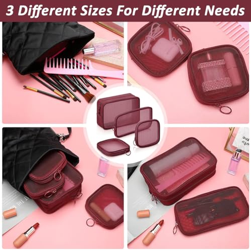 MAYCREATE® 4Pcs Zipper Pouches Combo 4 Sizes Mesh Zipper Pouches Makeup Stylish Burgundy Red Cosmetic Bags Cash Bags Nylon Mesh Accessories Organizer - Image 4