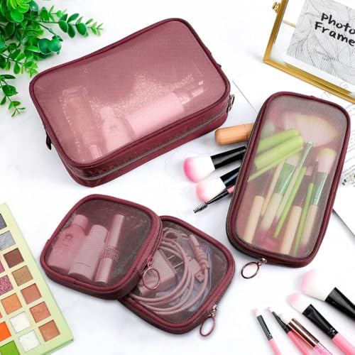 MAYCREATE® 4Pcs Zipper Pouches Combo 4 Sizes Mesh Zipper Pouches Makeup Stylish Burgundy Red Cosmetic Bags Cash Bags Nylon Mesh Accessories Organizer - Image 5