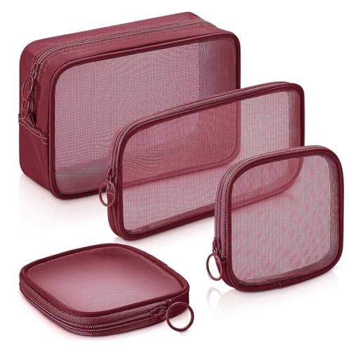 MAYCREATE® 4Pcs Zipper Pouches Combo 4 Sizes Mesh Zipper Pouches Makeup Stylish Burgundy Red Cosmetic Bags Cash Bags Nylon Mesh Accessories Organizer - Image 1