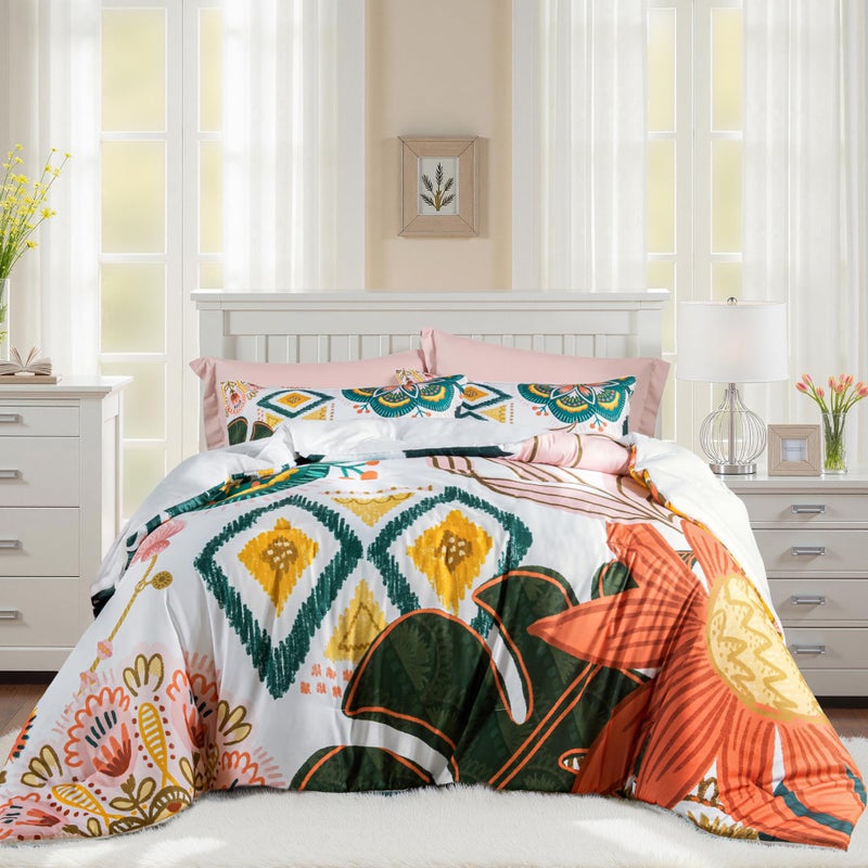 Tyrot Boho Floral Queen Comforter Set - 3 Piece Farmhouse Botanical Bedding Comforter Sets for All Season Soft Lightweight Mid Century Modern Bed Set, (1 Reversible Comforter and 2 Pillow Shams - Image 1