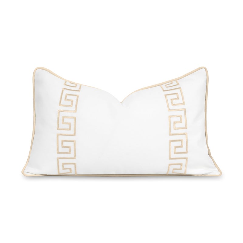 Hofdeco Premium Coastal Patio Indoor Outdoor Lumbar Pillow Cover Only, 12"x20" Water Repellent for Backyard, Couch, Neutral Tan Embroidered Greek Key with Piping - Image 1