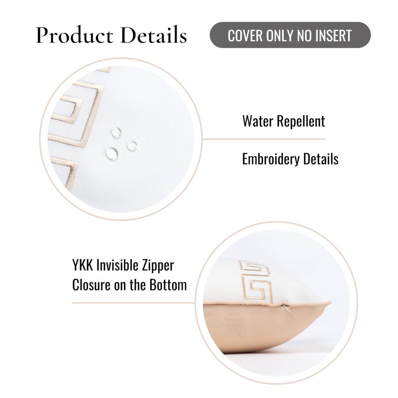 Hofdeco Premium Coastal Patio Indoor Outdoor Lumbar Pillow Cover Only, 12"x20" Water Repellent for Backyard, Couch, Neutral Tan Embroidered Greek Key with Piping - Image 5