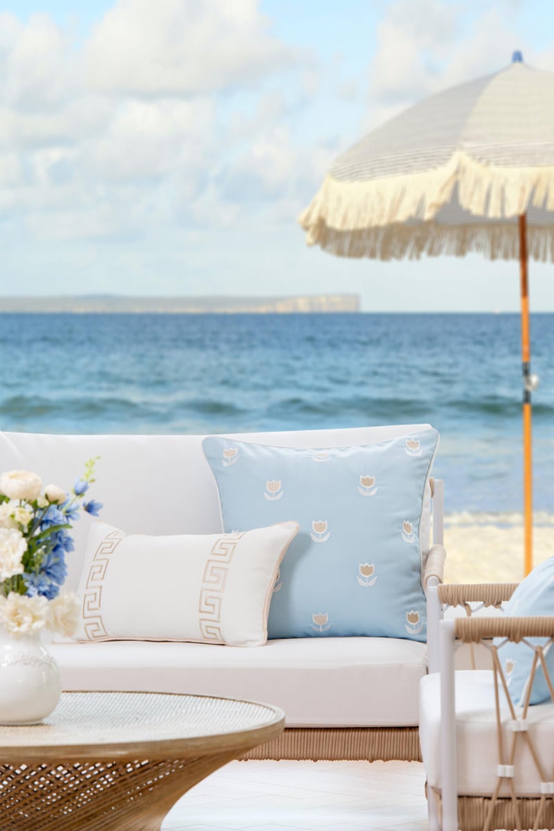 Hofdeco Premium Coastal Patio Indoor Outdoor Lumbar Pillow Cover Only, 12"x20" Water Repellent for Backyard, Couch, Neutral Tan Embroidered Greek Key with Piping - Image 2