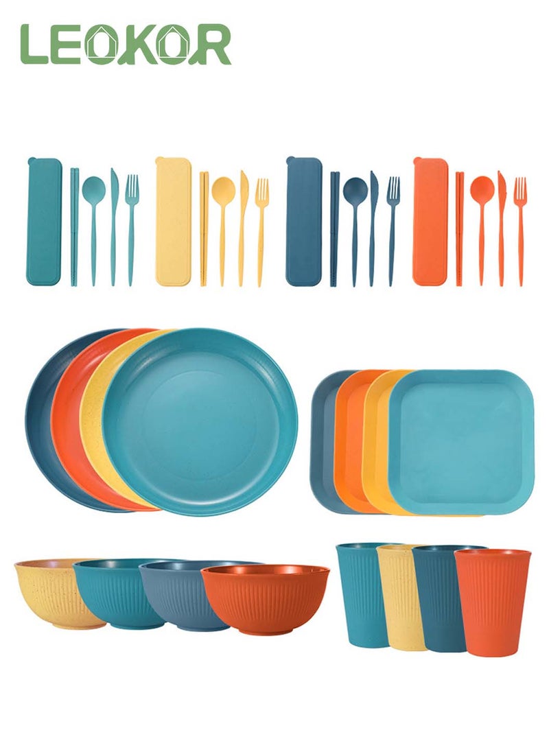 36 PCS Dinnerware Sets Wheat Straw Material Cutlery for 4 People, Portable Tableware Microwave Oven Cutlery Set, Camping Plates and Bowls Set