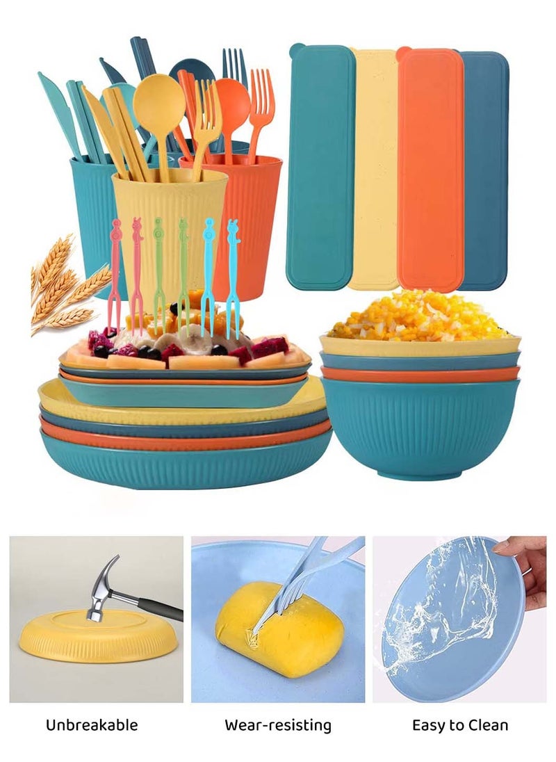 36 PCS Dinnerware Sets Wheat Straw Material Cutlery for 4 People, Portable Tableware Microwave Oven Cutlery Set, Camping Plates and Bowls Set
