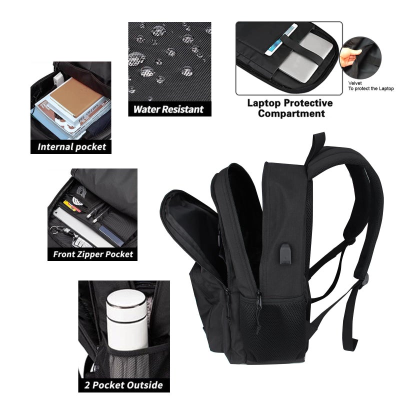 KEOFID classic carry-on travel backpack for men and women, Anti theft laptop backpack with USB charging port for work, large backpack for college, water resistent(BLACK) - Image 3