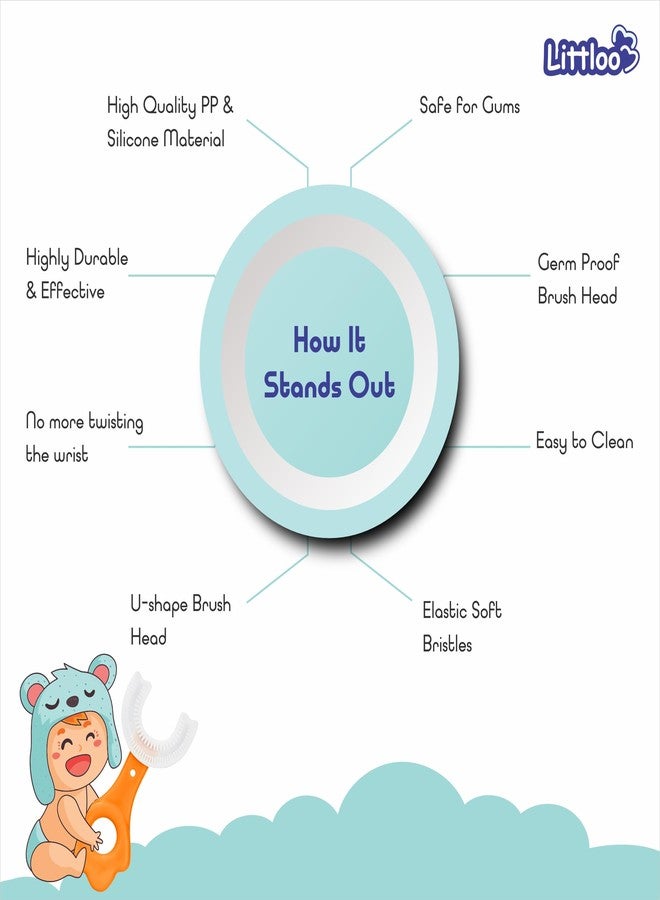 LITTLOO Baby Manual U -Shaped Silicone Tooth Brush With Soft & Elastic Bristles For Complete 360 Degree Dental Cleaning, Specially Designed For Toddlers & Children - (Orange) - Image 4