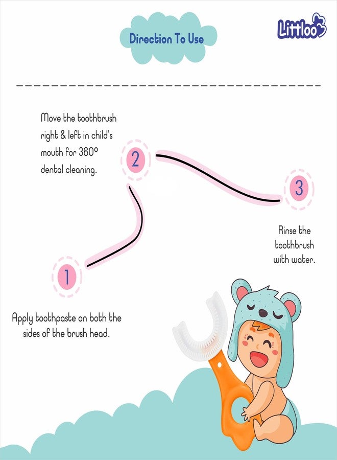 LITTLOO Baby Manual U -Shaped Silicone Tooth Brush With Soft & Elastic Bristles For Complete 360 Degree Dental Cleaning, Specially Designed For Toddlers & Children - (Orange) - Image 5