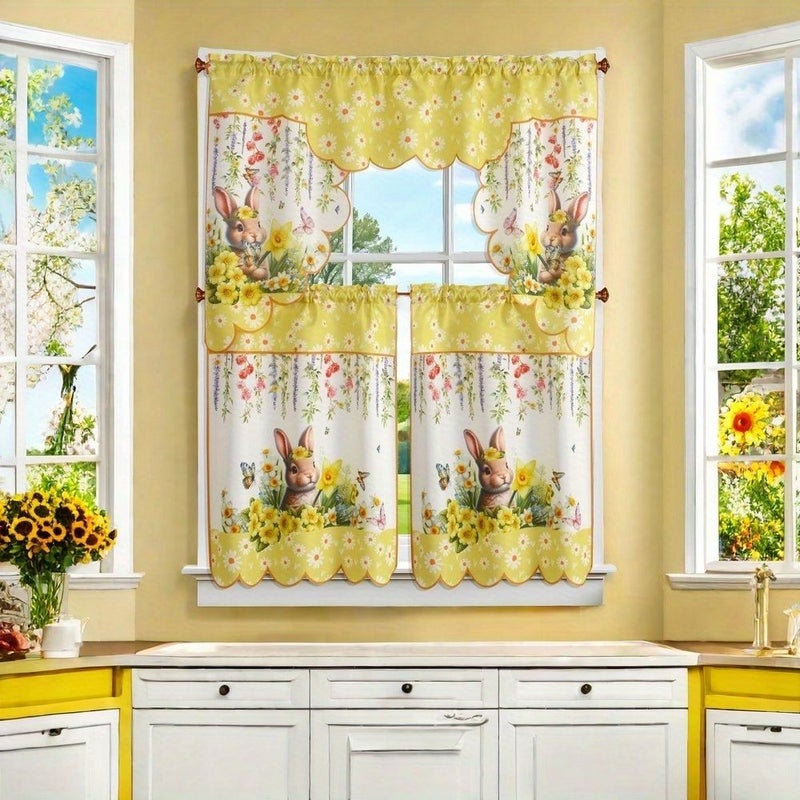 Easter Bunny Print Kitchen Curtain Set 1pc 56.3x35.43 Inch And 2pcs 27.95x35.43 Inch Rod Pocket Design For Easy Hanging Living Room Bedroom Bathroom Decor - Image 1