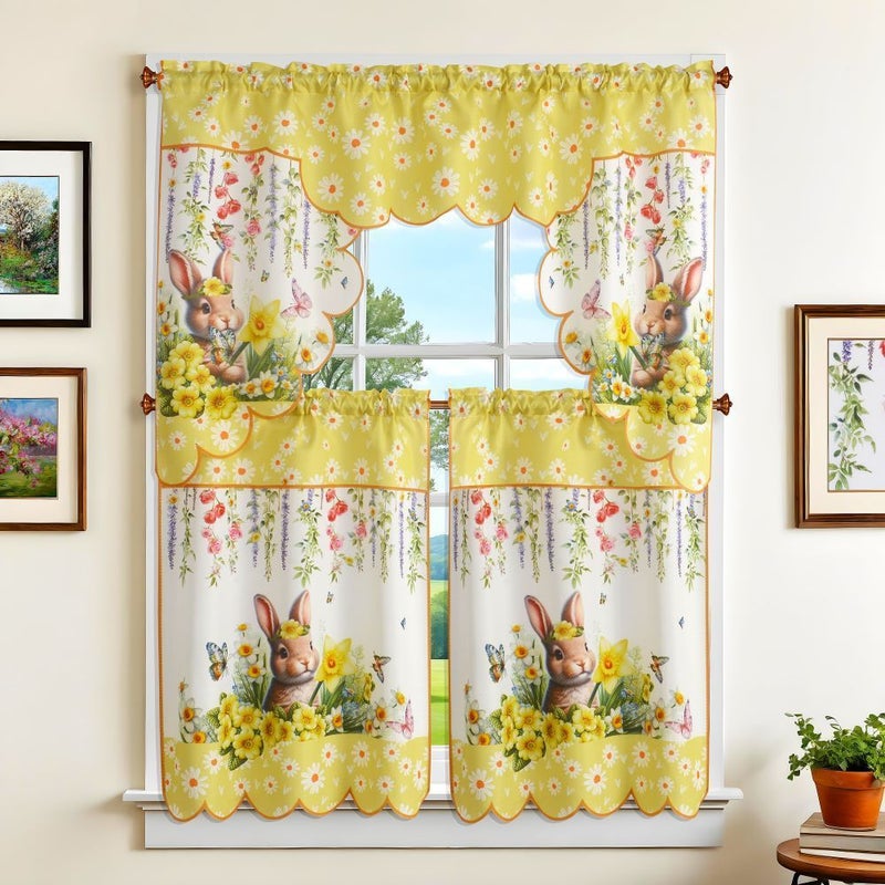 Easter Bunny Print Kitchen Curtain Set 1pc 56.3x35.43 Inch And 2pcs 27.95x35.43 Inch Rod Pocket Design For Easy Hanging Living Room Bedroom Bathroom Decor - Image 4