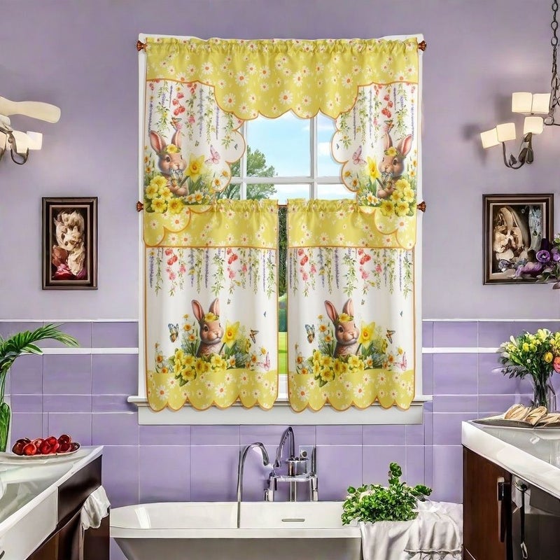 Easter Bunny Print Kitchen Curtain Set 1pc 56.3x35.43 Inch And 2pcs 27.95x35.43 Inch Rod Pocket Design For Easy Hanging Living Room Bedroom Bathroom Decor - Image 5
