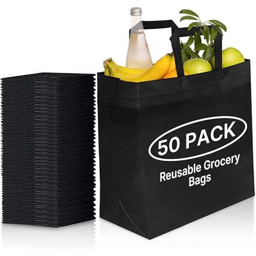 Simply Cool 50 Pack Black Reusable Eco-Friendly Large Grocery Shopping Bags 14.5"x14"x6.6" Durable Recyclable Washable Foldable Portable Tote Bags Bulk - Image 1