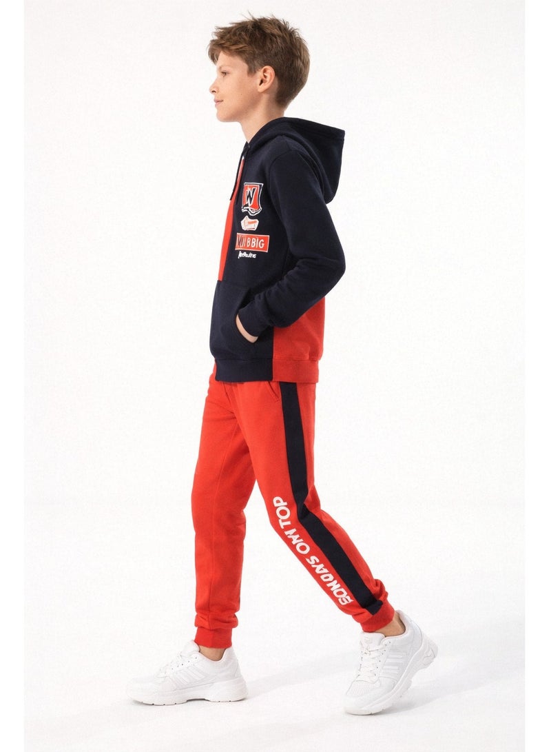 Urbasy Kids 100% Cotton SweatJacket with Joggers Set - RED - NAVY - Image 4