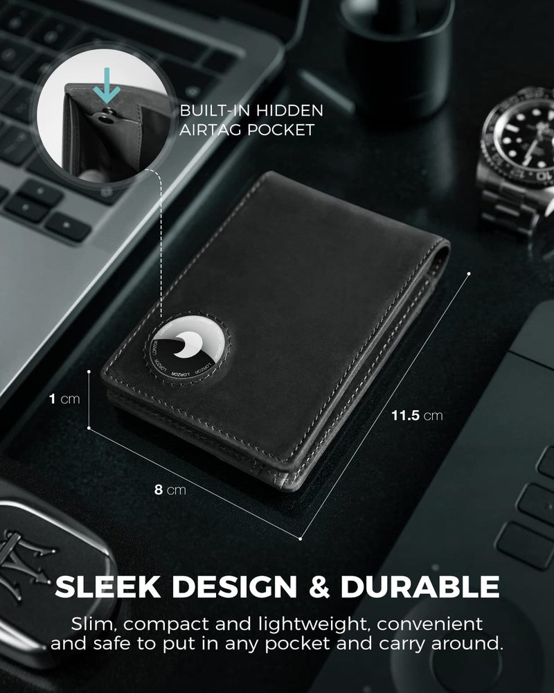 LORZOR Men's Bifold Leather AirTag Wallet with RFID Blocking and ID Window - Holds up to 12 Cards - Image 3