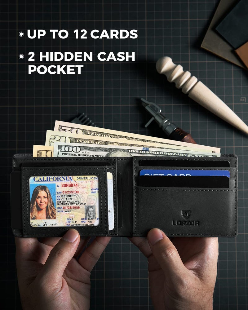 LORZOR Men's Bifold Leather AirTag Wallet with RFID Blocking and ID Window - Holds up to 12 Cards - Image 2