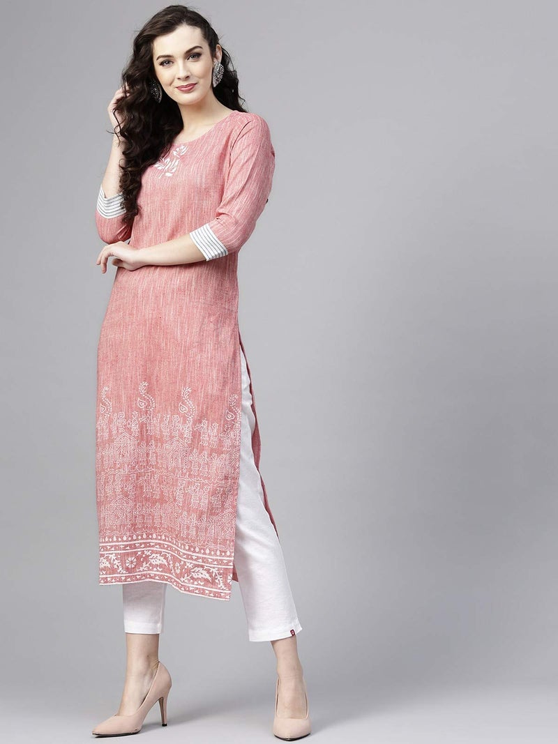 Pannkh Women's Madhubani Block Print Chambray Kurta Artistic Ethnic Long Kurti in Soft Cotton Handcrafted-Inspired Design for Everyday Elegance - Image 4