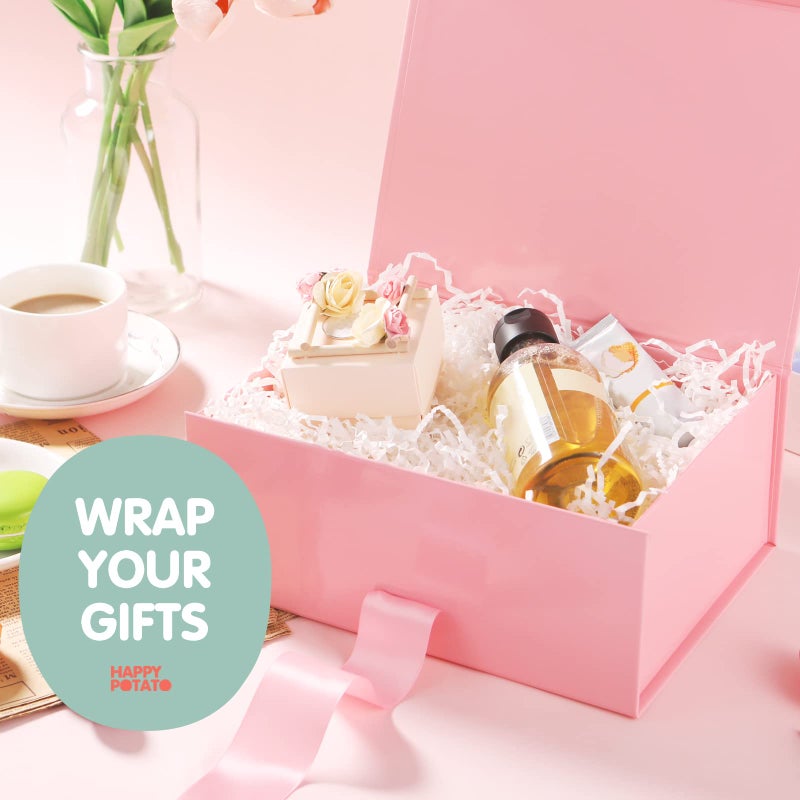 HAPPY POTATO Gift Box for Presents with Ribbon 9x6.5x3.8 Inches, Pink Gift Box with Lid, Bridesmaid Proposal Box (Glossy Pink) - Image 2