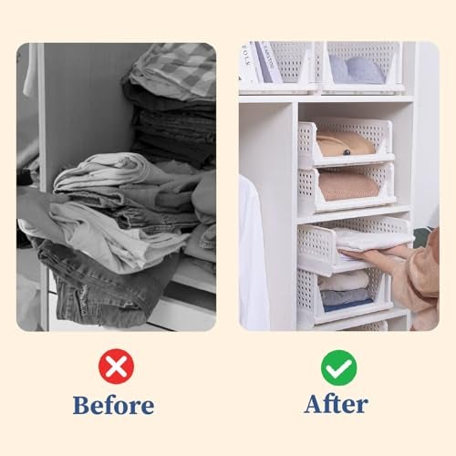 HomeStrap Set of 6, Stack it Up | Cloth Stacker | Foldable Shirt Storage Stacker for Wardrobe | Plastic Stackable Closet Organizer | White - Image 5